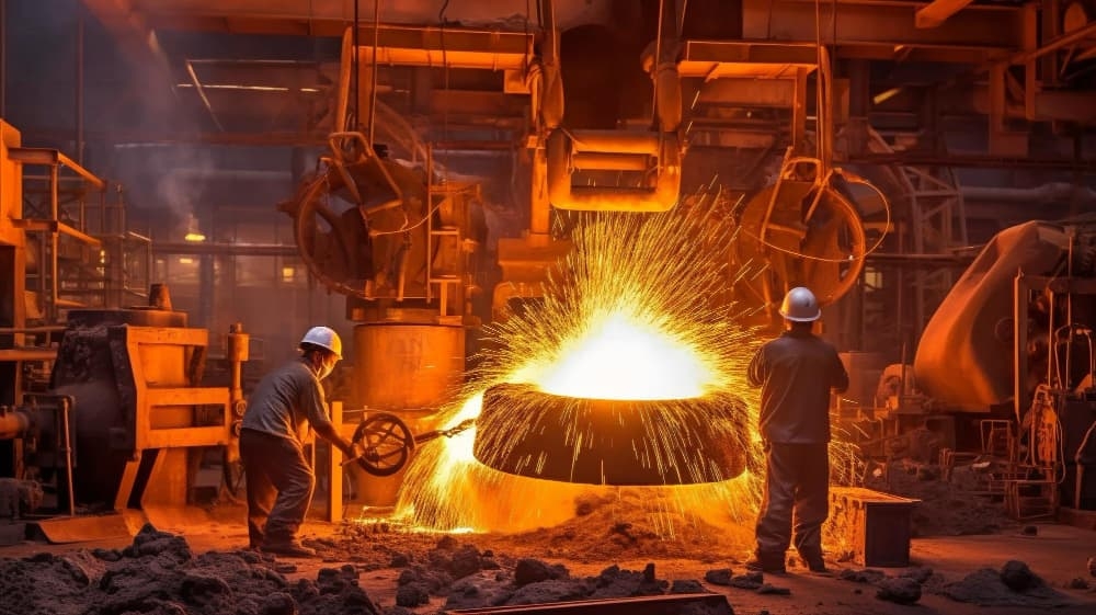 Employee working in metallurgy while wearing foundry certified safety helmets